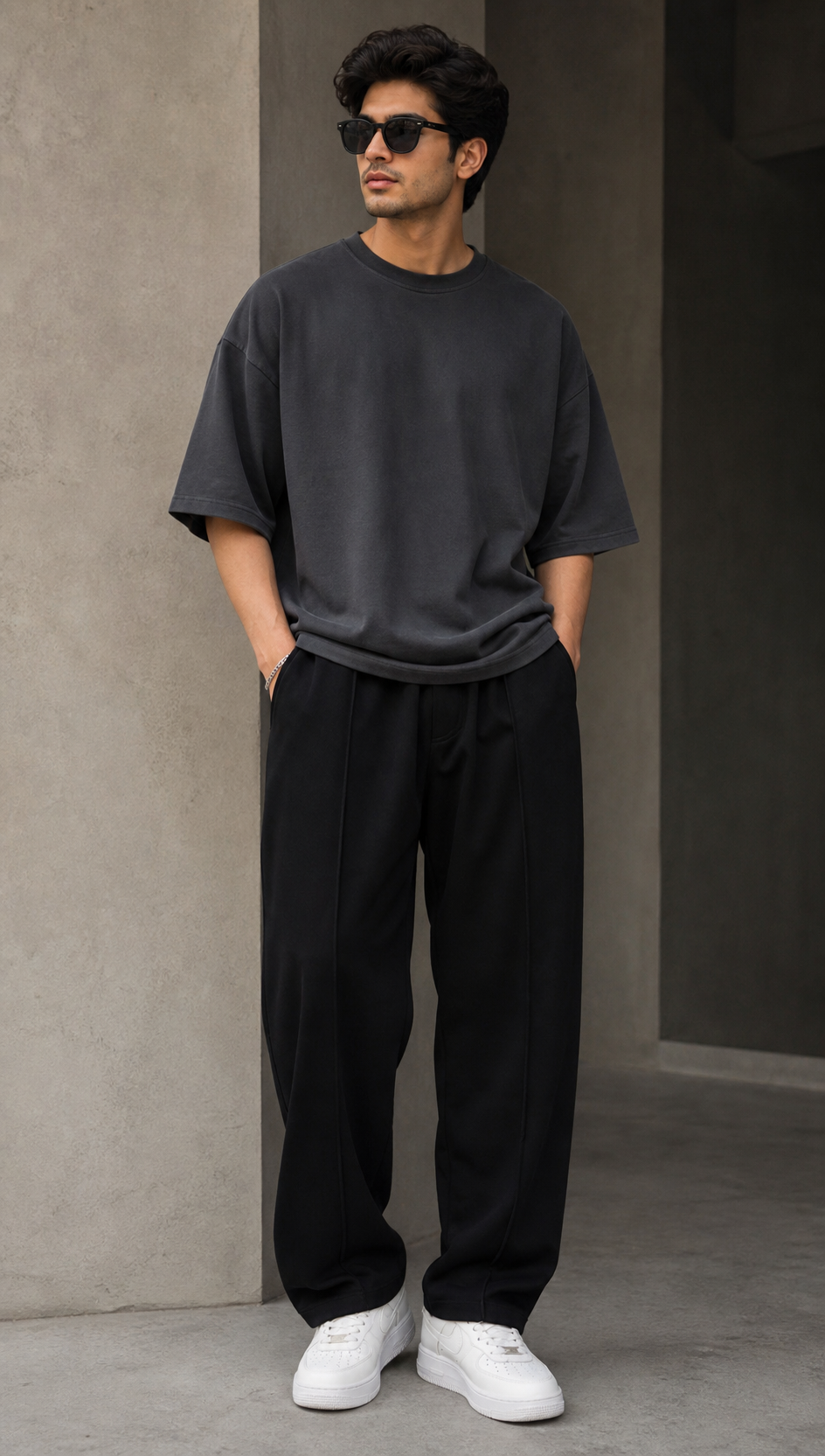 Black pleated terry trouser