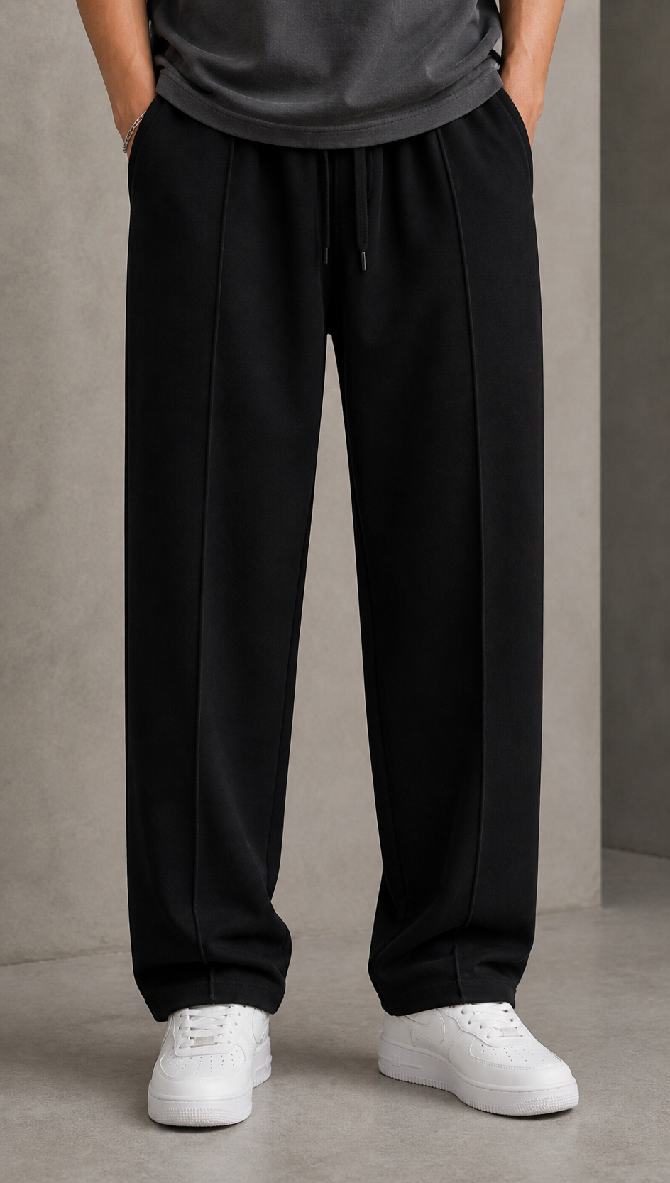 Black pleated terry trouser